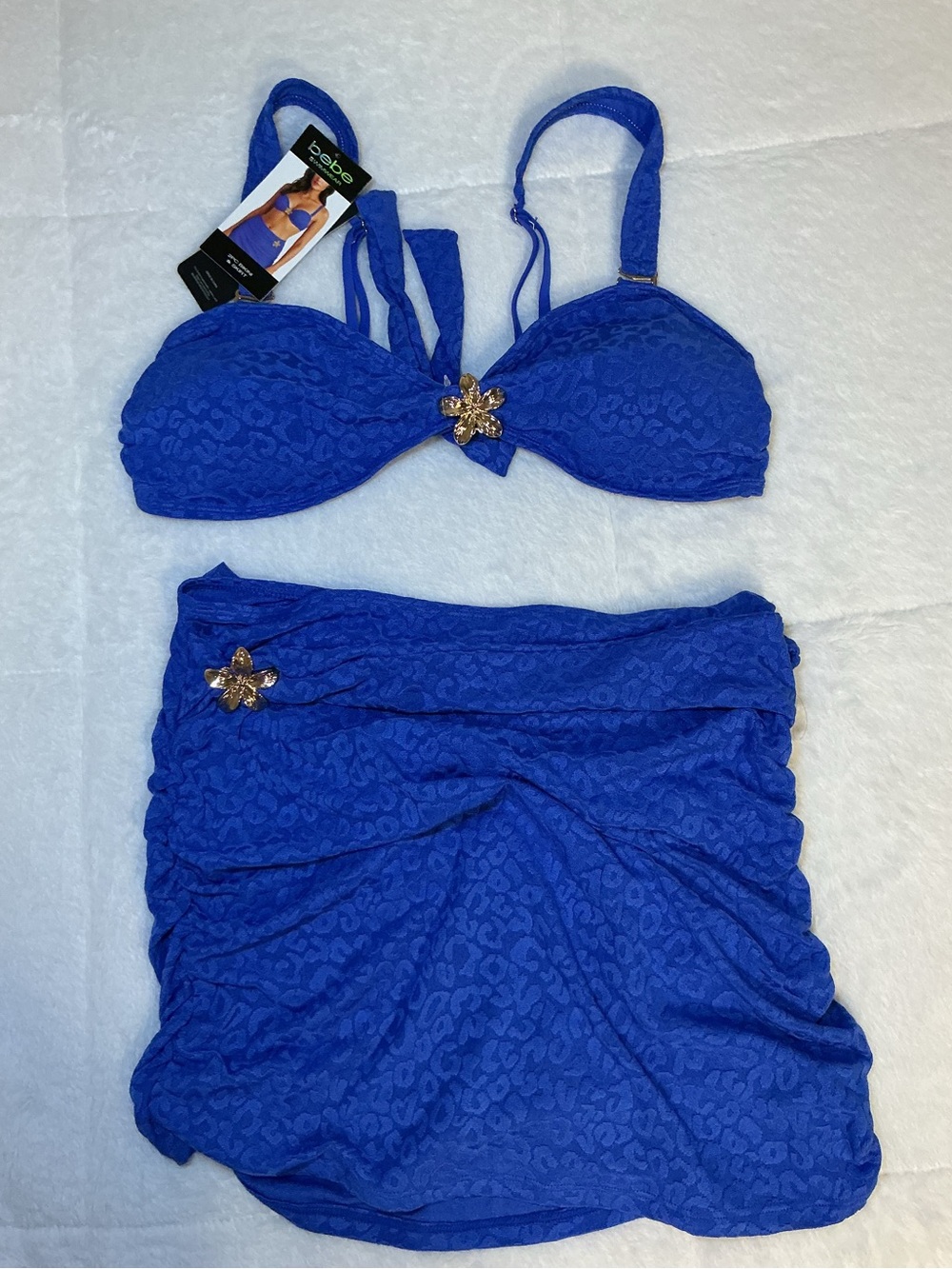 bebe Cobalt Blue Bikini Set with Gold Flower Accents - Picture 6 of 11